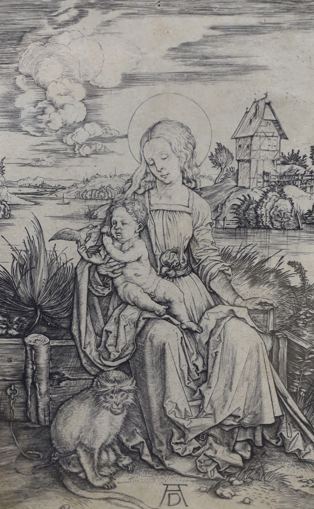 After Albrecht Durer, etching, Madonna with the monkey, 19 x 12cm, together with a pair of oval gilt gesso frames